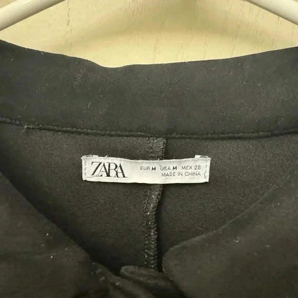 Zara Black Faux Suede Collared Mini Dress Snap Down EUC Size M Chic Classic - Picture 2 of 9